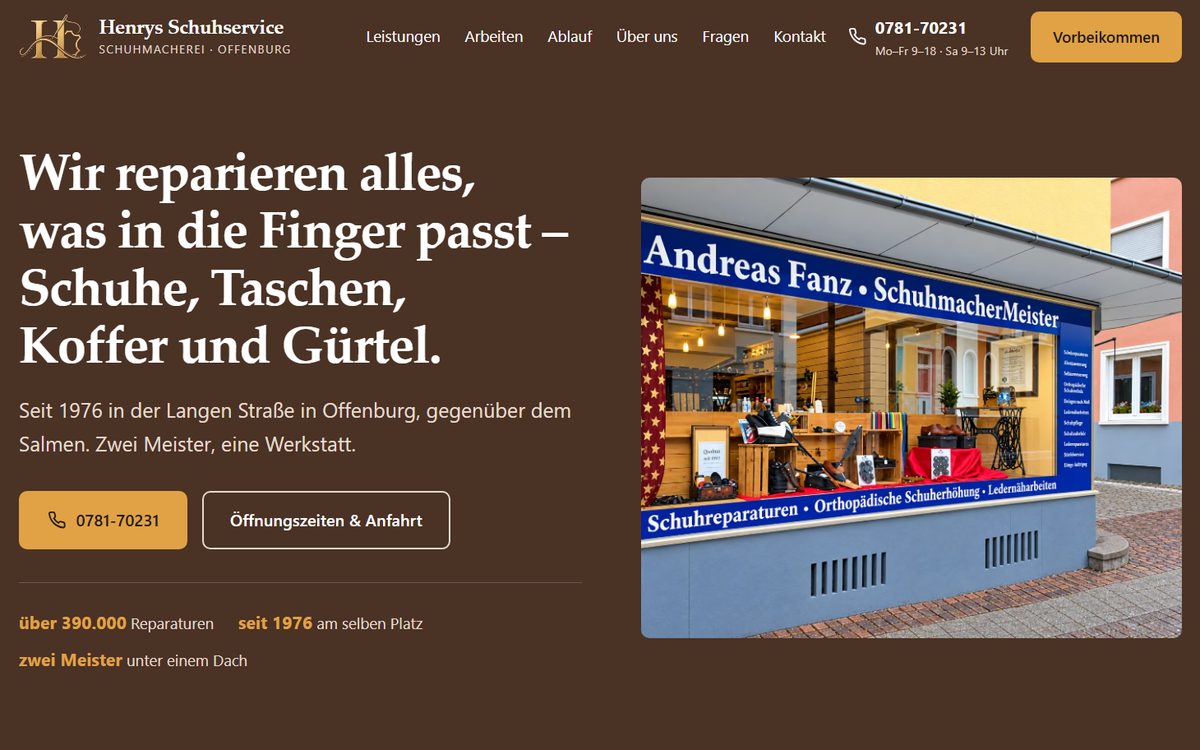 Startseite der Website von Henrys Schuhservice